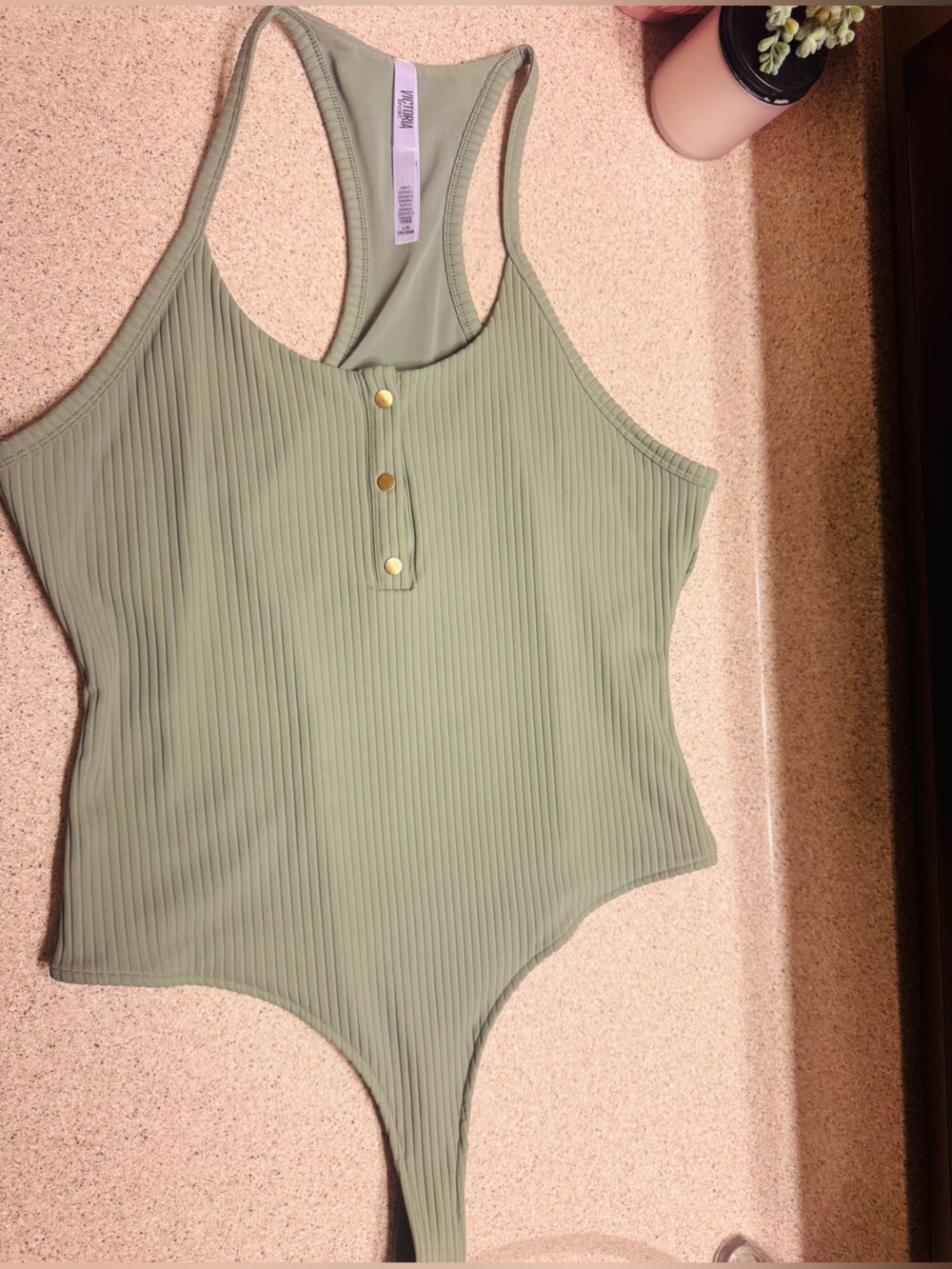 VICTORIA SECRETS - Olive Ribbed Sleeveless Tank Bodysuit w/ Gold Accent Butt